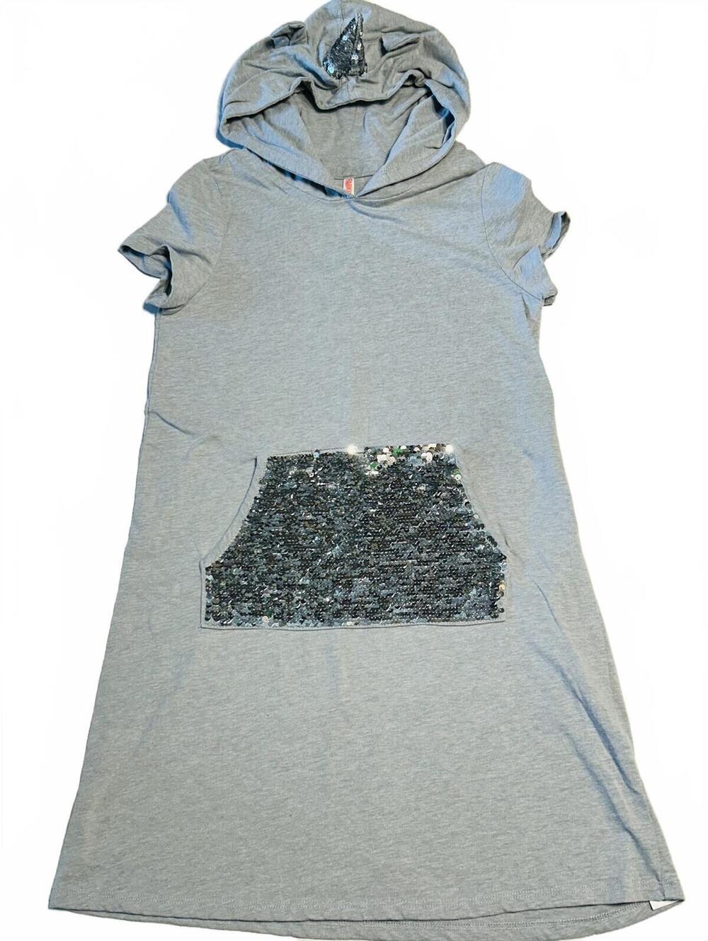Fabkids T-shirt dress, gray unicorn hooded silver sequin pocket girls size 10/12